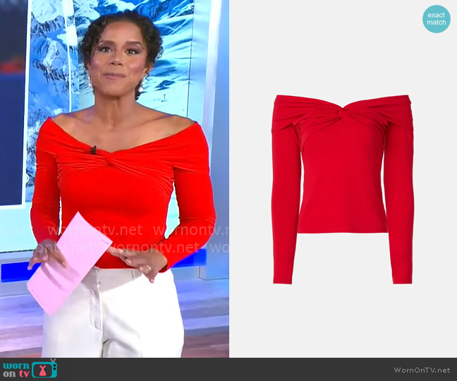 Prabal Gurung x RTR Red Off the Shoulder Knot Jersey Top worn by Adriana Diaz on CBS Mornings