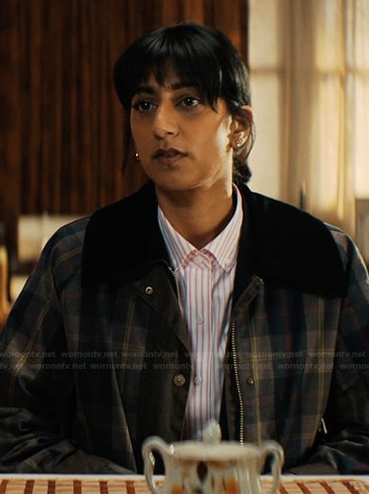 Priya’s plaid jacket on His & Hers