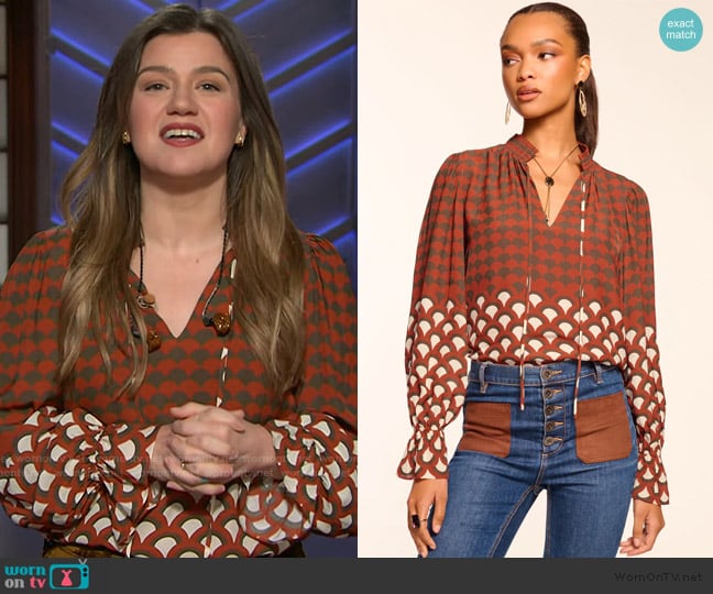 Ramy Brook Berona V-Neck Long Sleeve Blouse worn by Kelly Clarkson on The Kelly Clarkson Show