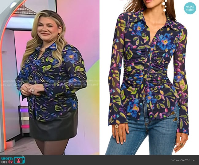 Ramy Brook Talisa Floral Button-Up Shirt in Navy Floral Mesh worn by Heather McMahan on Today
