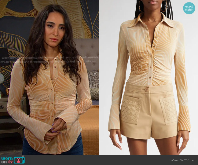 Ramy Brook Talisa Shirt in Burlap Swirl worn by Gabi Hernandez (Cherie Jimenez) on Days of our Lives