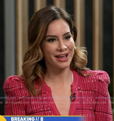Rebecca’s pink v-neck plaid cardigan on Good Morning America