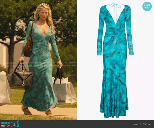 Roberto Cavalli Abstract-pattern Open-back Stretch-woven Midi Dress worn by Angela Norris (Ali Larter) on Landman