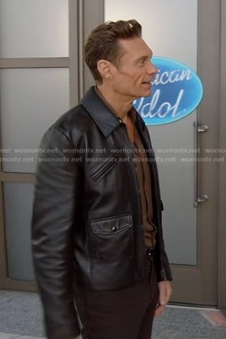 Ryan Seacrest’s black leather zip jacket on American Idol