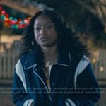 Samira’s navy panelled bomber jacket on The Burbs
