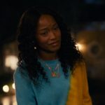 Samira’s blue and yellow tie dye sweater on The Burbs
