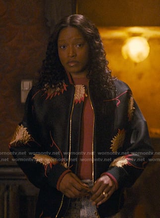 Samira’s black floral embroidered bomber jacket on The Burbs
