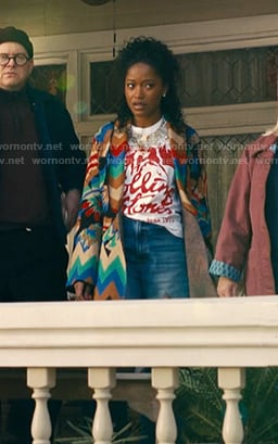 Samira’s embellished tee and print wrap cardigan on The Burbs