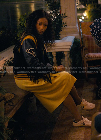 Samira’s navy fringed varsity jacket on The Burbs