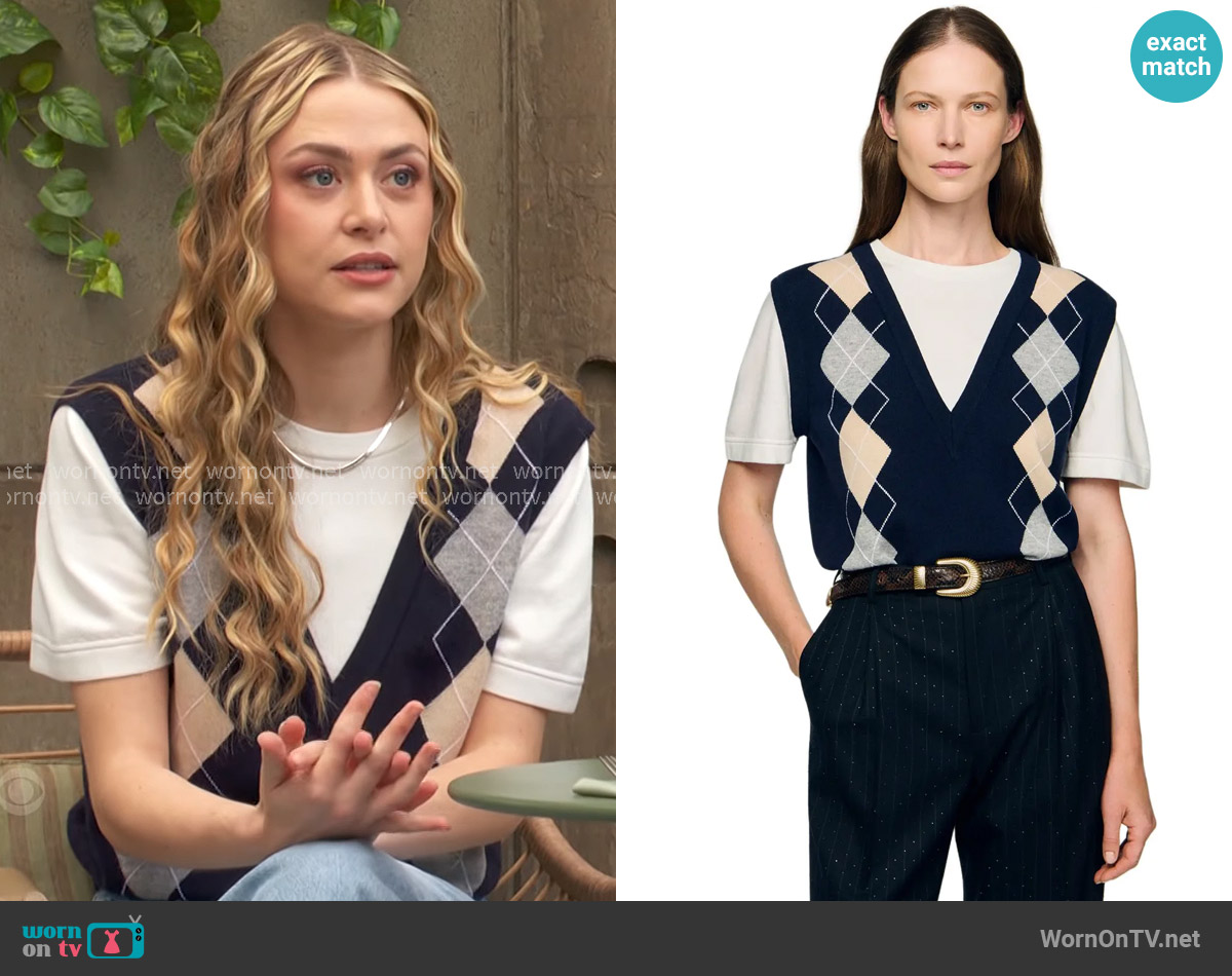 Sandro Argyle layered effect sweater worn by Claire Grace (Hayley Erin) on The Young and the Restless