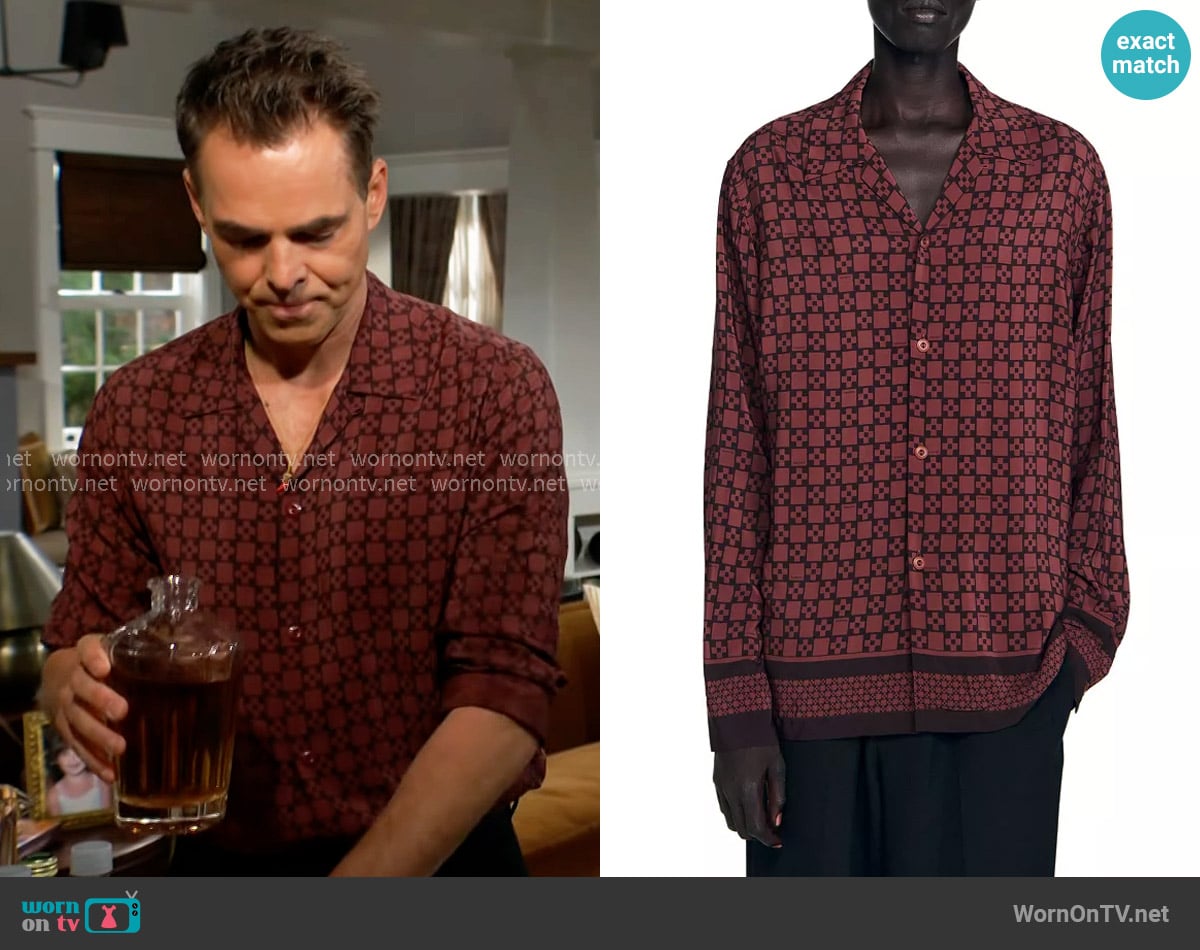 Sandro Square cross long sleeve shirt in Cognac worn by Billy Abbott (Jason Thompson) on The Young and the Restless
