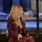 Sarah Michelle’s burgundy lace bralette and skirt on Live with Kelly and Mark