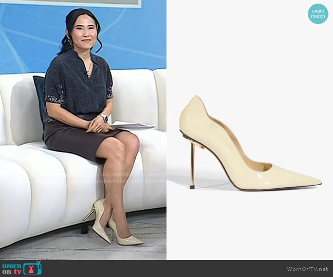Schutz Stella Patent Pump in Egg Shell worn by Vicky Nguyen on Today