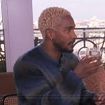 Scott’s blue striped fuzzy cardigan on Access Hollywood