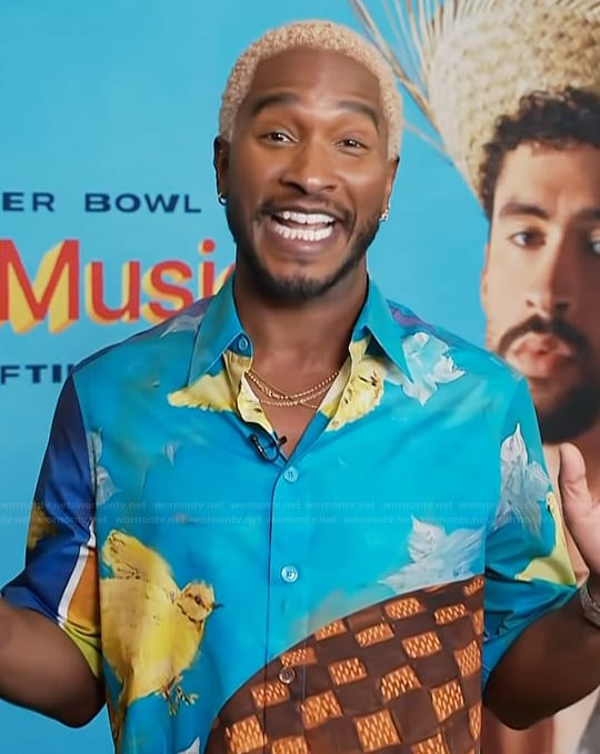 Scott printed satin shirt on Access Hollywood
