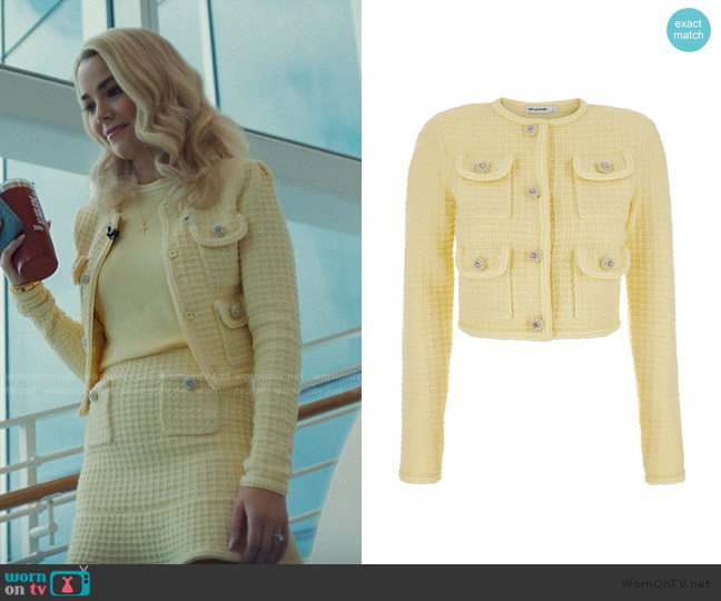 Self Portrait Yellow Crop Cardigan With Jewel Buttons in Tweed worn by Lexy Jones (Rebecca Rittenhouse) on His & Hers