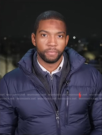 Shaquille Brewster’s navy down jacket on NBC News Daily