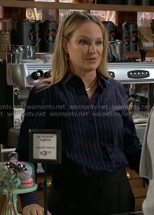 Sharon’s navy pinstripe button down shirt on The Young and the Restless