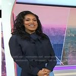 Sheinelle’s navy tie neck blouse and colorblock skirt on Today