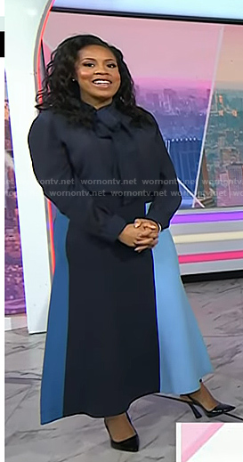 Sheinelle’s navy tie neck blouse and colorblock skirt on Today