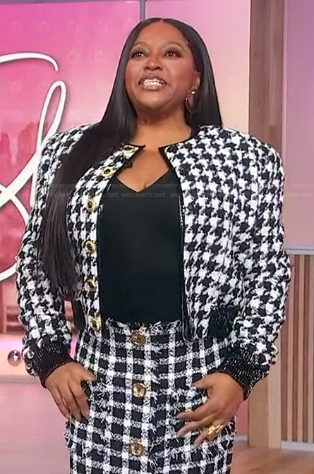 Sherri’s houndstooth tweed jacket and skirt on Sherri