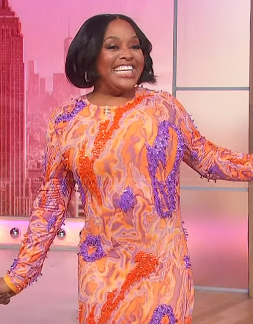 Sherri’s orange tie dye embellished mesh dress on Sherri