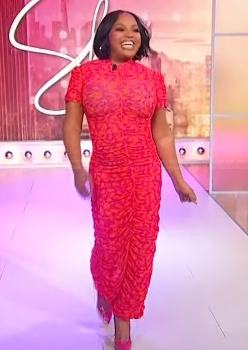Sherri’s printed ruched maxi dress on Sherri