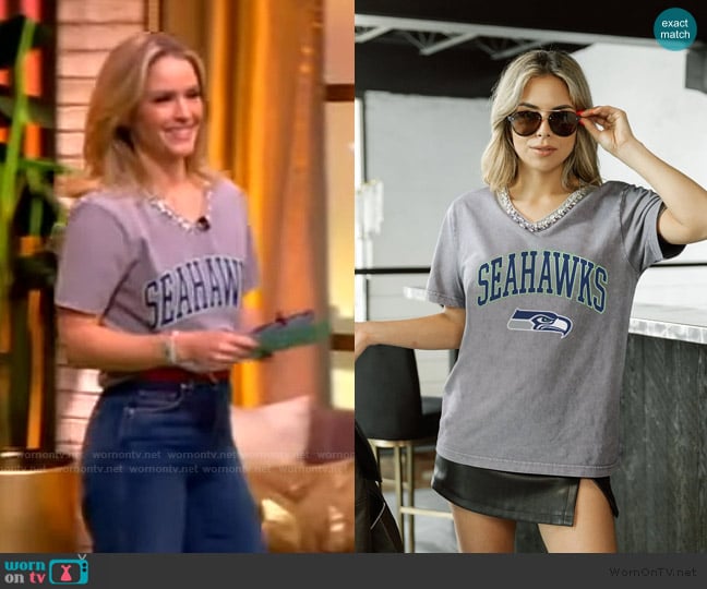 Shop the Soho Seattle Seahawks Rhinestone V-neck Tee worn by Sara Haines on The View
