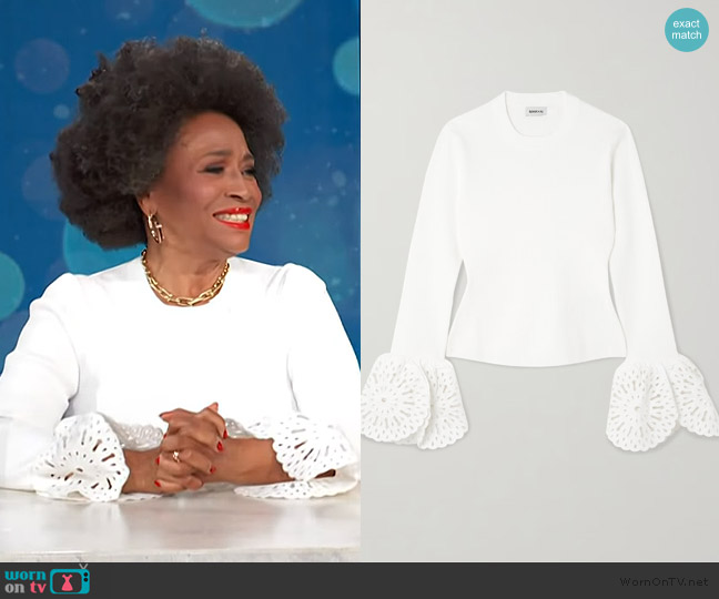 Simkhai Elyse scalloped guipure lace-trimmed ribbed-knit top worn by Jenifer Lewis on Access Hollywood