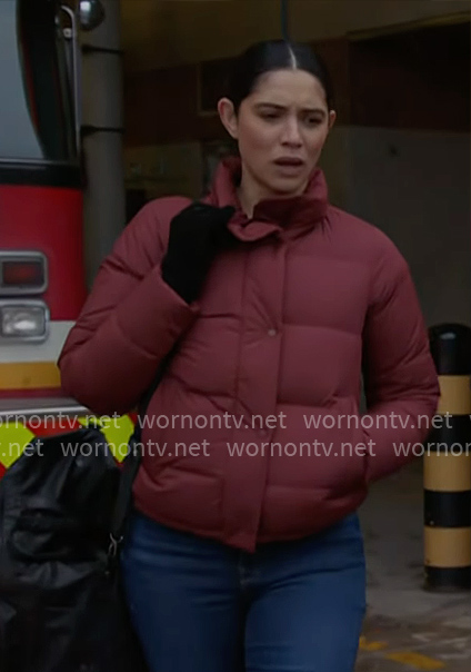 Stella’s dark red puffer jacket on Chicago Fire