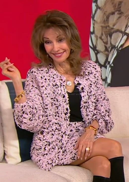 Susan Lucci’s pink tweed cardigan and skirt on Tamron Hall Show