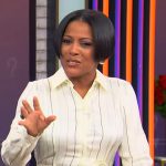 Tamron’s white striped shirtdress on Tamron Hall Show