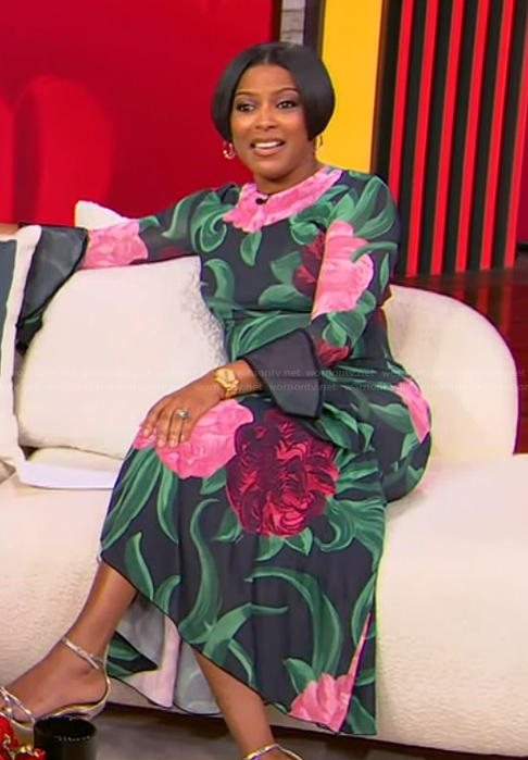Tamron’s black floral print long sleeve dress on Tamron Hall Show