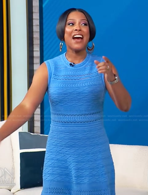 Tamron’s blue pointelle knit dress on Tamron Hall Show