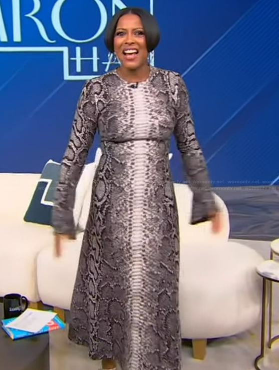 Tamron’s gray snake skin print dress on Tamron Hall Show