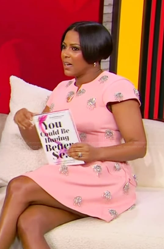 Tamron’s pink embellished mini dress on Tamron Hall Show