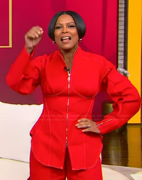 Tamron’s red corset panel jacket on Tamron Hall Show