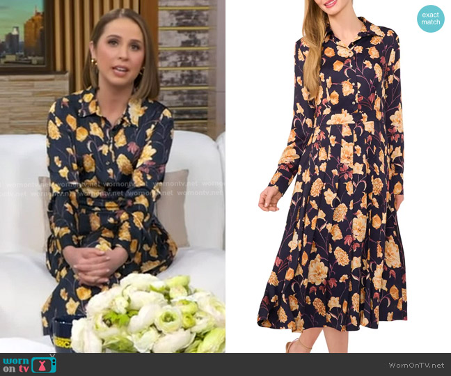 Ted Baker Floral Long Sleeve Midi Shirtdress in Baritone Blue worn by Elizabeth Schulze on Good Morning America