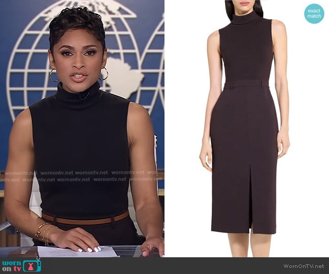 Theory Funnel-Neck Admiral Crepe Sleeveless Midi Dress in Dark Cacao worn by Jericka Duncan on CBS Evening News