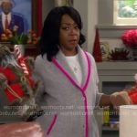 Tina’s grey cardigan with pink trim on The Neighborhood