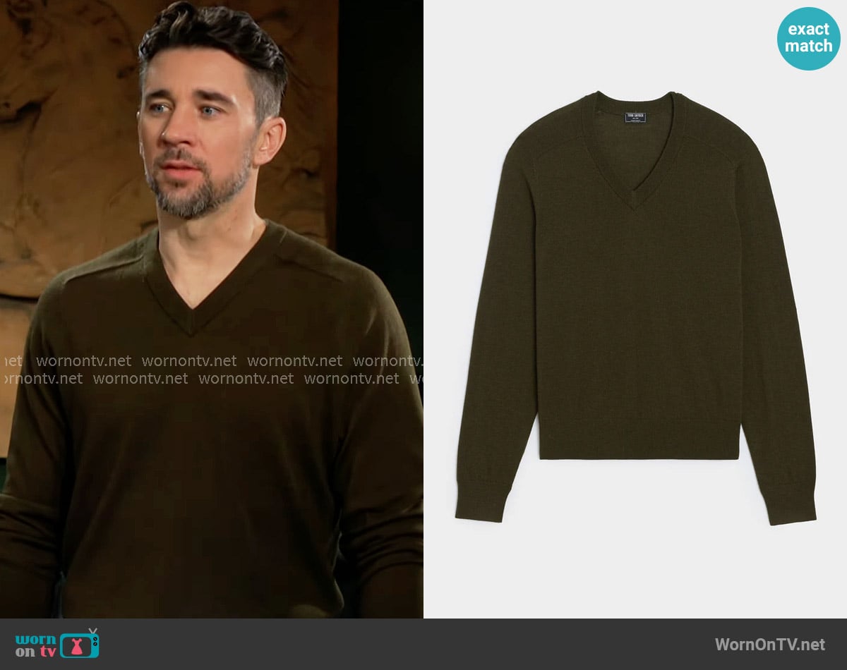 Todd Snyder Merino V-Neck Sweater in Snyder Olive worn by Cane Ashby (Billy Flynn) on The Young and the Restless