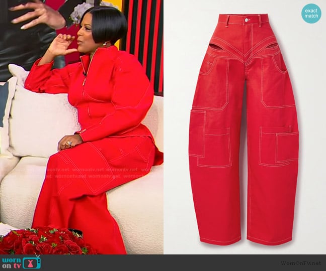 Tolu Coker Banana cutout high-rise barrel-leg jeans worn by Tamron Hall on Tamron Hall Show