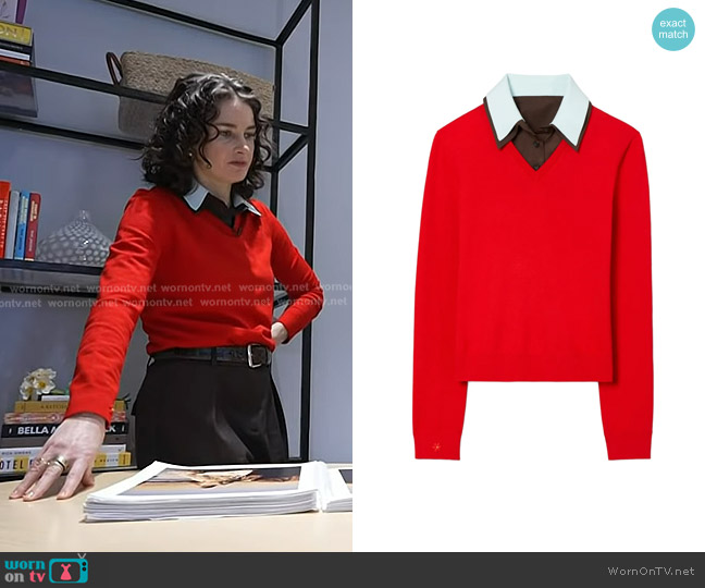 Tory Burch Layered Merino Wool Sweater in fiery red/ frozen blue worn by Chloe Malle on Today