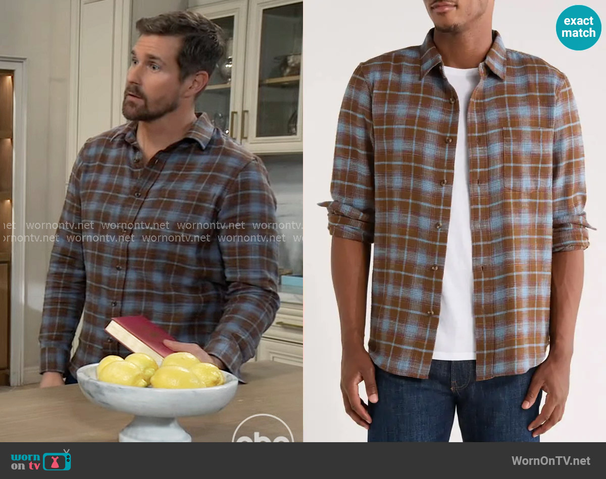 Treasure & Bond Ombré Check Slub Cotton Flannel Button-Up Shirt in Brown Desert Milo Plaid worn by Cody Bell (Josh Kelly) on General Hospital