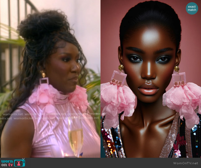 Truface by Grace Nonso Square Top Flower Petal Earrings in Baby Pink worn by Bozoma Saint John on The Real Housewives of Beverly Hills