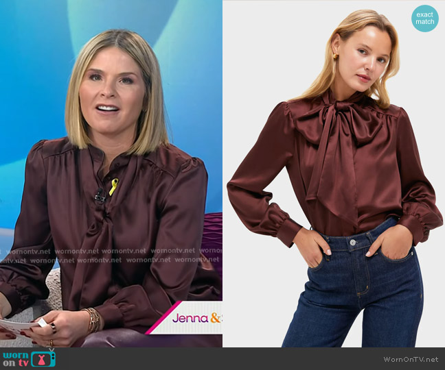 Tuckernuck Chocolate Satin Brianna Bow Blouse in Chocolate worn by Jenna Bush Hager on Today