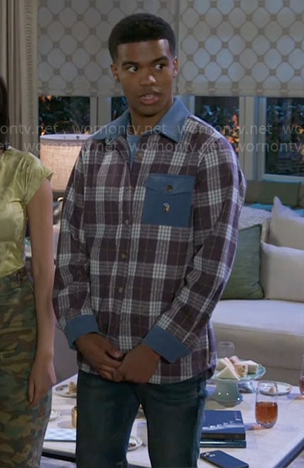 Tyrell’s plaid shirt with denim details on Beyond the Gates