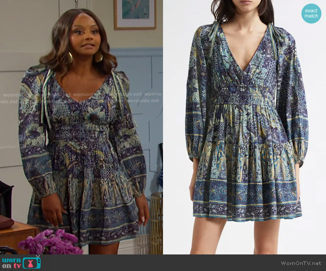 Ulla Johnson Anika Floral Print Long Sleeve Minidress in Portofino worn by Chanel Dupree (Raven Bowens) on Days of our Lives