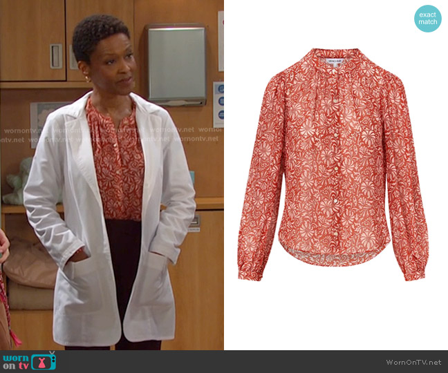 Veronica Beard Ashlynn Floral Pintuck Silk Top worn by Dr. Gregory (Kim Hawthorne) on Days of our Lives