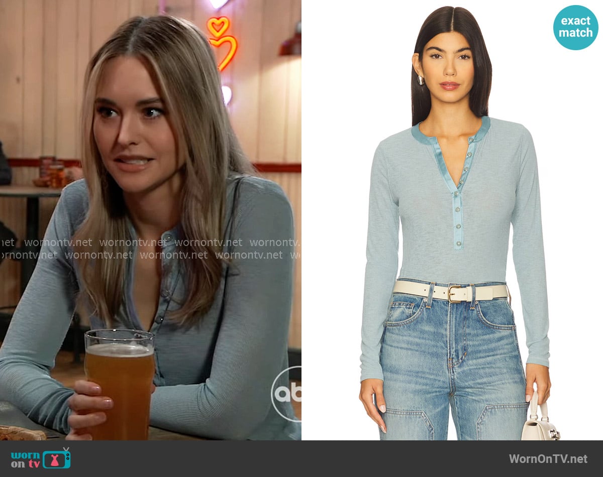 Veronica Beard Drexler Top in Antique Blue worn by Jacinda Bracken (Paige Herschell) on General Hospital